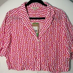 Boden Womens Cropped Revere Top Azure Geo in Festival Pink Size US 8 UK 12 NWT